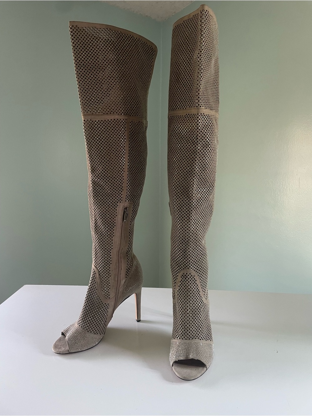 Vince Camuto Kamorina Studded Taupe Suede Over the Knee Boots Mesh 9.5